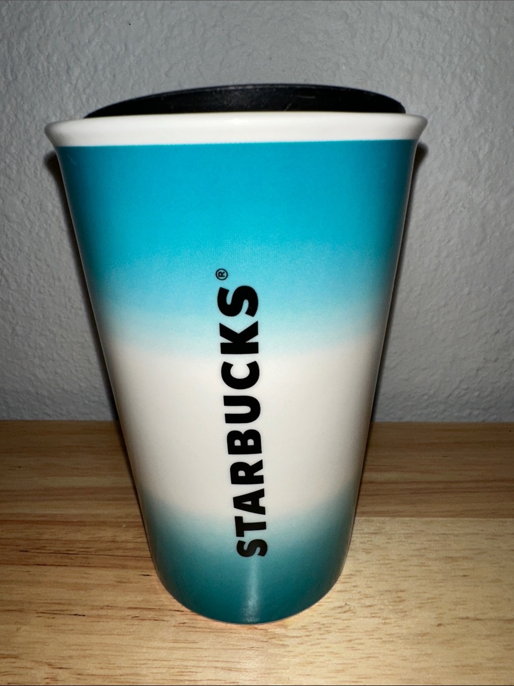 Starbucks 8 oz ceramic travel tumbler/mug featuring a teal and white ombre